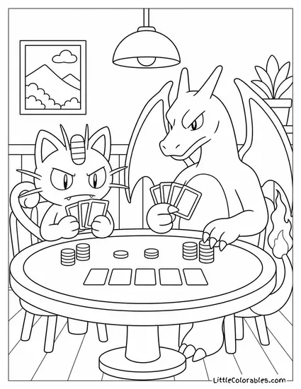 Meowth and Charizard at a Card Table Playing Poker Very Seriously Coloring Page