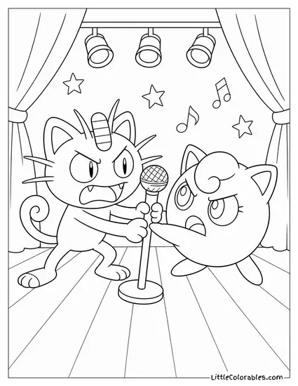 Meowth and Jigglypuff Arguing Over a Microphone on Stage Coloring Page