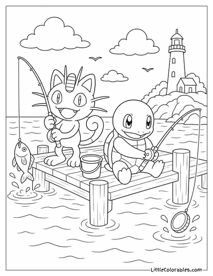 Meowth and Squirtle at a Fishing Pier One Catching Fish One Catching Coins Coloring Page