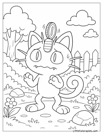 Meowth Balancing a Coin on Its Forehead Nervously Coloring Page