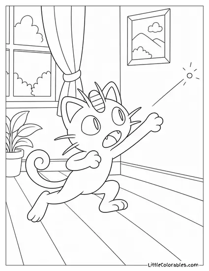 Meowth Chasing a Laser Dot Across a Wall in Confusion Coloring Page