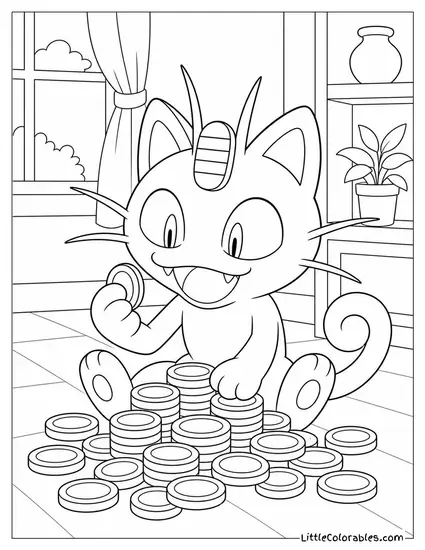 Meowth Counting a Pile of Coins with a Gleeful Expression Coloring Page