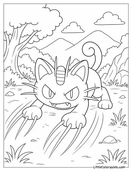 Meowth Crouching Low Before Launching a Surprise Fury Swipes Attack Coloring Page