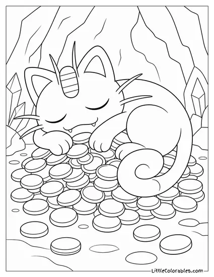 Meowth Curled Around Its Coin Hoard Protectively While Sleeping Coloring Page