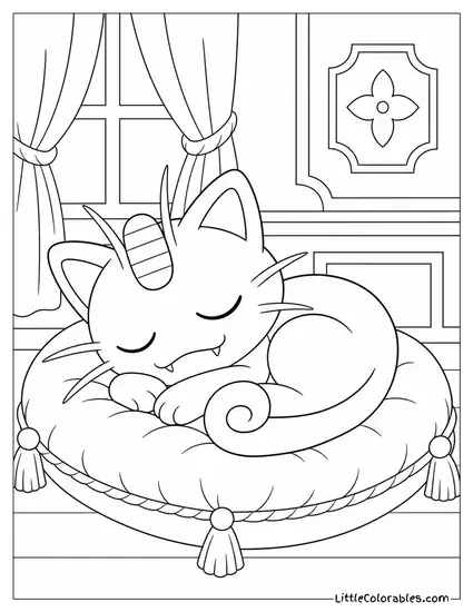 Meowth Curled Up Asleep on a Velvet Cushion Coloring Page
