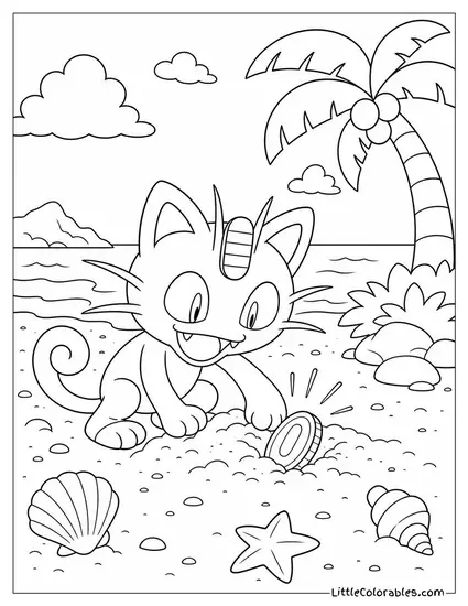 Meowth Discovering a Coin Buried in Beach Sand Coloring Page