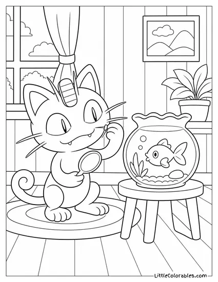 Meowth Grooming Its Whiskers Beside a Fishbowl Coloring Page