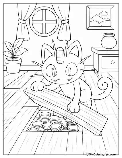 Meowth Hiding a Coin Stash Behind a Loose Floorboard Coloring Page