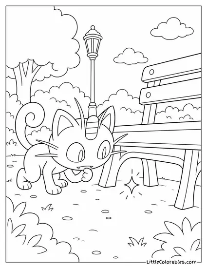 Meowth Investigating a Strange Glimmer Under a Park Bench Coloring Page