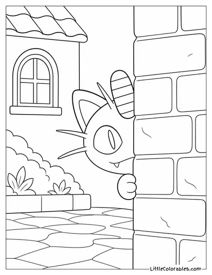 Meowth Peeking Around a Corner with Only Its Coin Visible Coloring Page