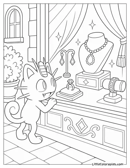 Meowth Peering into a Shop Window at a Display of Glittering Jewelry Coloring Page