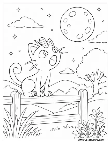 Meowth Perched on a Fence Yowling at the Full Moon Coloring Page