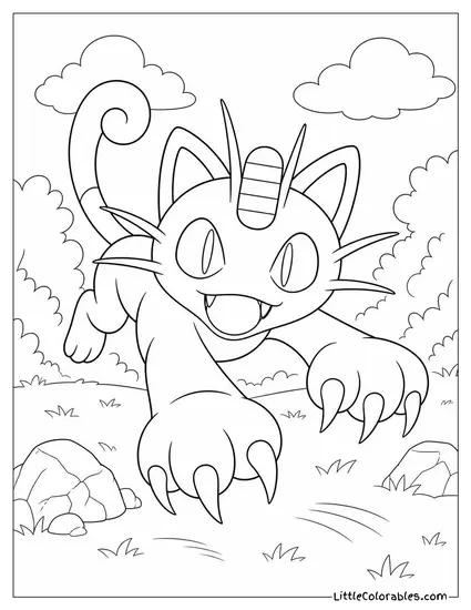 Meowth Pouncing Forward with Claws Extended in a Scratch Attack Coloring Page