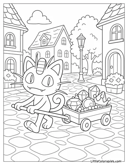Meowth Pulling a Wagon Full of Shiny Objects Through a Cobblestone Street Coloring Page