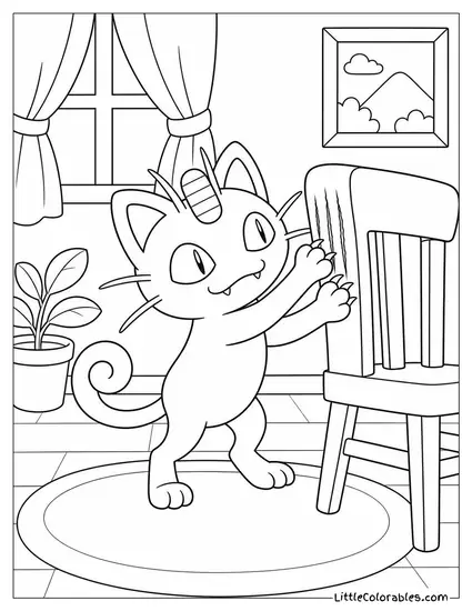 Meowth Scratching Its Claws on the Back of a Wooden Chair Coloring Page