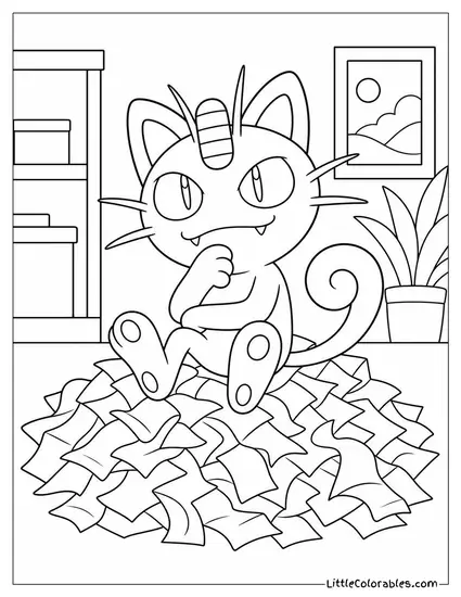 Meowth Sitting on a Pile of Crumpled Receipts Looking Calculating Coloring Page