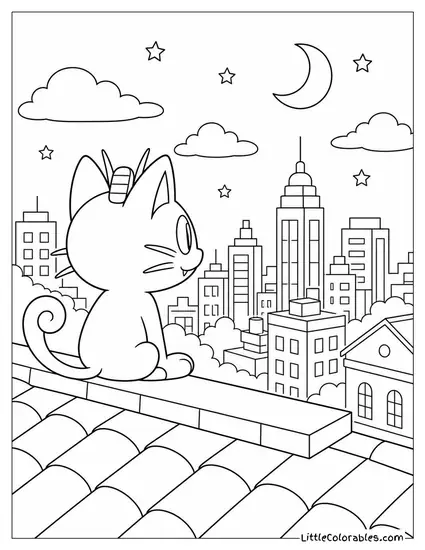 Meowth Sitting on a Rooftop Watching the City Lights Below Coloring Page