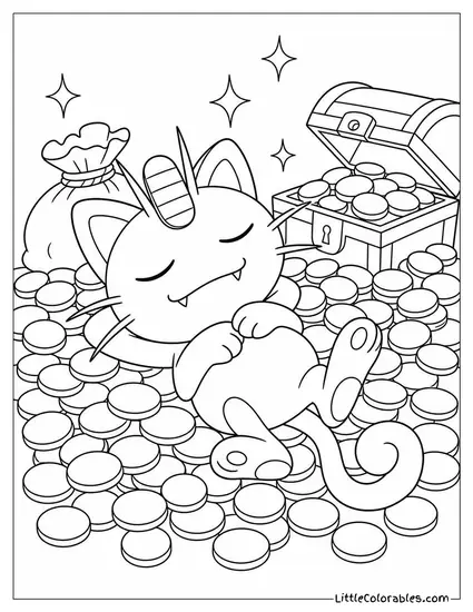 Meowth Sleeping in a Pile of Gold Coins with a Smile Coloring Page