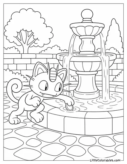 Meowth Sneaking a Gold Coin from a Fountain When No One Looks Coloring Page