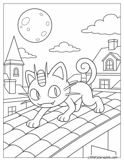 Meowth Sneaking Along a Rooftop in the Moonlight Coloring Page