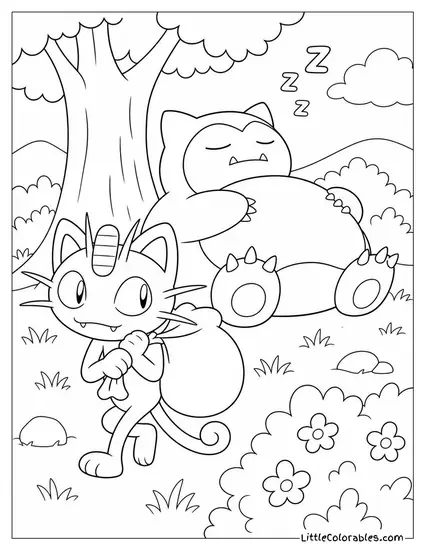 Meowth Sneaking Past a Sleeping Snorlax with a Bag of Loot Coloring Page