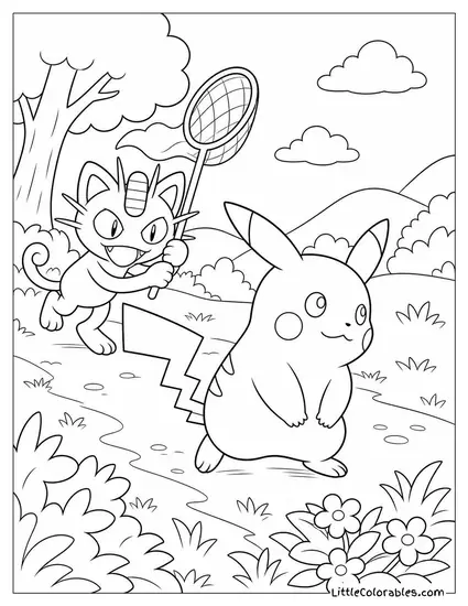 Meowth Sneaking Up Behind Pikachu with a Net Coloring Page