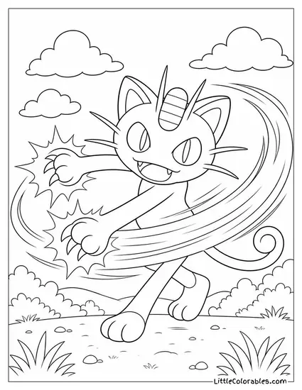 Meowth Spinning into a Rapid Slash with Both Claws Glowing Coloring Page