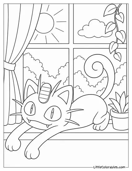 Meowth Stretching Out Lazily Across a Sunlit Windowsill Coloring Page