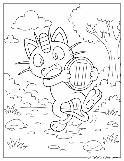 Meowth Tripping Over Its Own Tail While Carrying a Large Coin Coloring Page