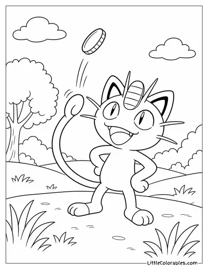 Meowth Using Its Tail to Flick a Coin into the Air and Catch It Coloring Page