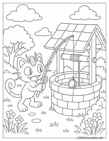 Meowth with a Fishing Rod Trying to Fish Coins Out of a Wishing Well Coloring Page