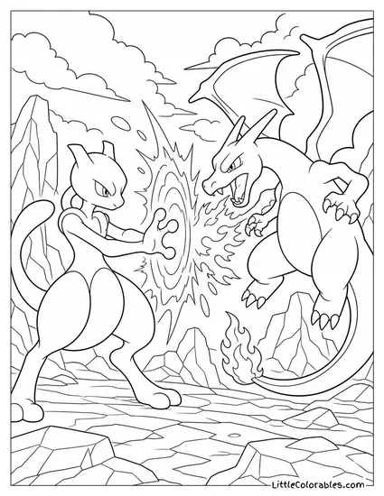 Mewtwo and Charizard Locked in a Psychic and Fire Clash Coloring Page