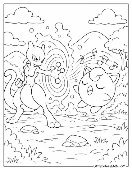 Mewtwo and Jigglypuff in a Battle of Psychic vs Hypnotic Singing Coloring Page