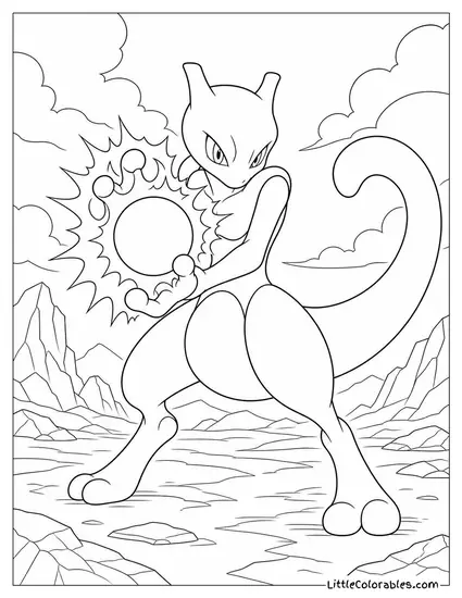 Mewtwo Charging an Aura Sphere Between Its Palms Before Releasing It Coloring Page