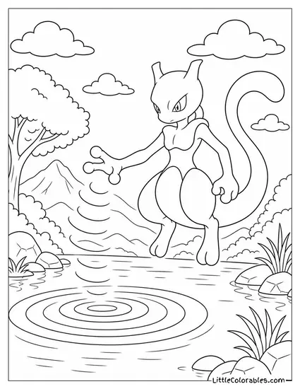 Mewtwo Creating Ripples in Still Water Without Touching It Coloring Page