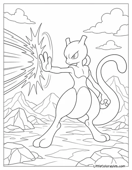 Mewtwo Deflecting a Beam of Energy with One Raised Palm Coloring Page