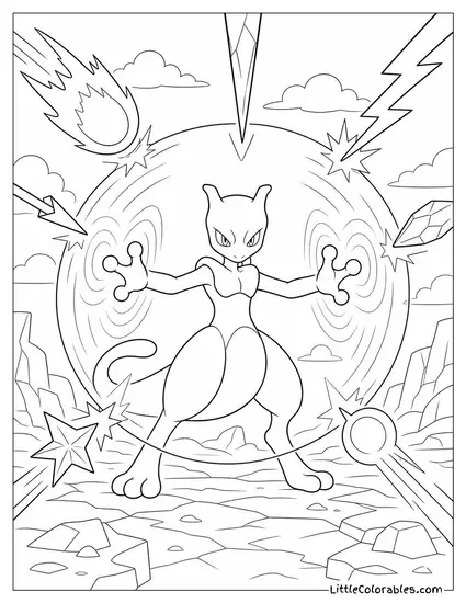 Mewtwo Deflecting Every Incoming Attack Simultaneously with a Psychic Barrier Coloring Page