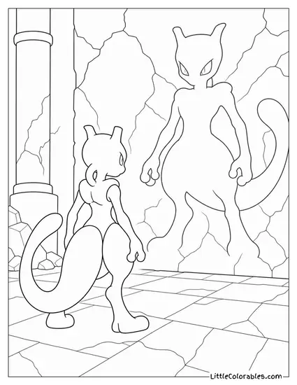 Mewtwo Facing Its Own Shadow Looming Large on a Wall Coloring Page
