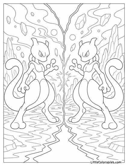 Mewtwo Facing Off Against Its Own Clone in a Mirror Dimension Coloring Page