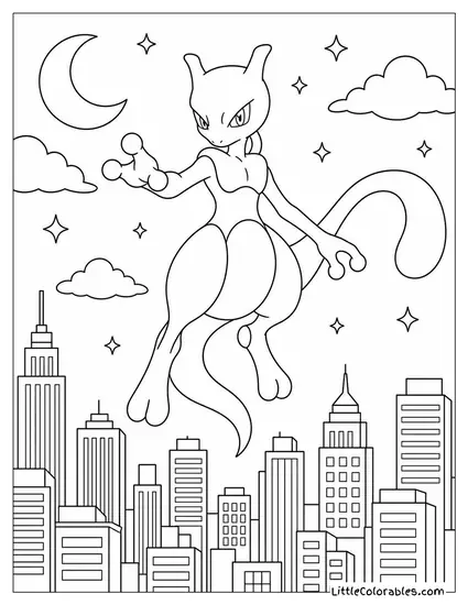 Mewtwo Floating Above a City Skyline at Night Coloring Page