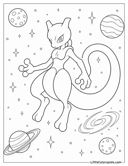 Mewtwo Floating Motionless in Zero Gravity Among Distant Stars Coloring Page