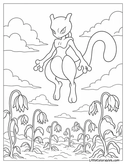 Mewtwo Floating Silently Above a Field of Wilted Flowers Coloring Page
