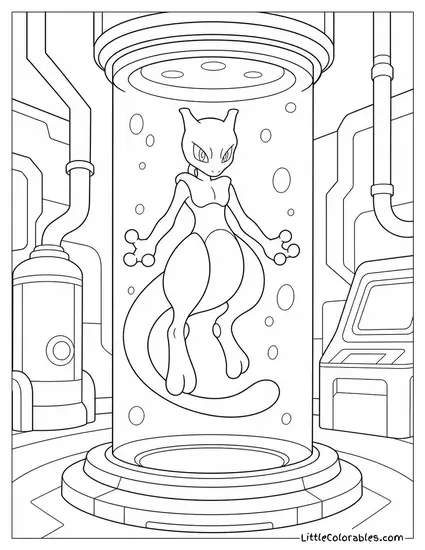 Mewtwo Floating Silently in a Dark Laboratory Chamber Coloring Page