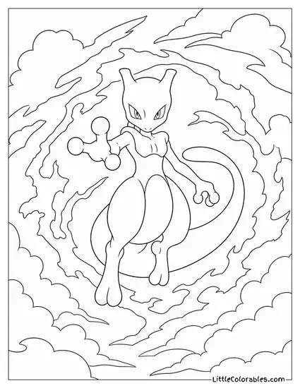 Mewtwo Floating Through a Rift in the Sky Coloring Page