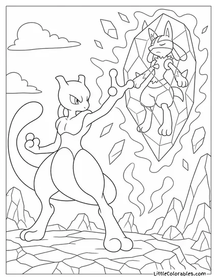 Mewtwo Holding an Opponent Completely Frozen Mid-Air with Psychic Coloring Page