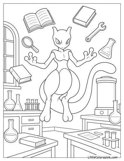 Mewtwo Levitating Books and Tools Around a Cluttered Lab Coloring Page