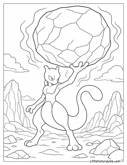 Mewtwo Lifting a Massive Boulder Using Only Its Mind Coloring Page