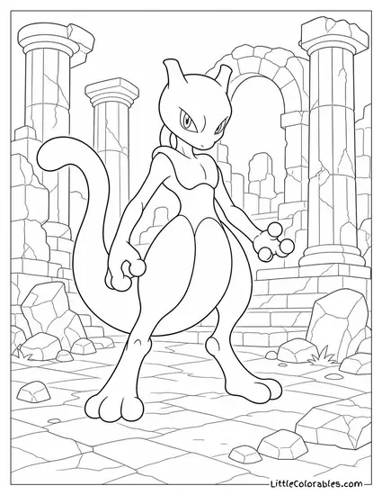 Mewtwo Standing Alone in the Ruins of an Ancient Temple Coloring Page