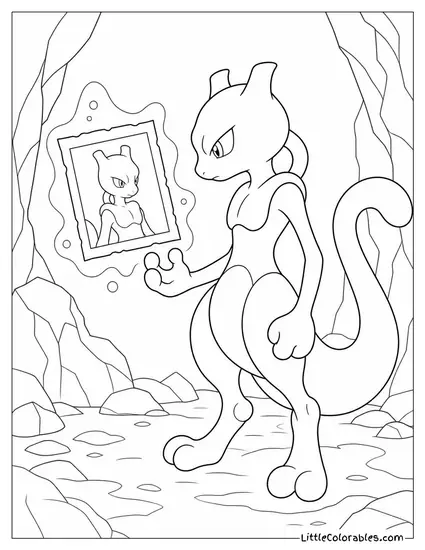 Mewtwo Staring at a Photograph Floating in Front of It Coloring Page