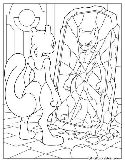 Mewtwo Staring at Its Own Reflection in a Shattered Mirror Coloring Page